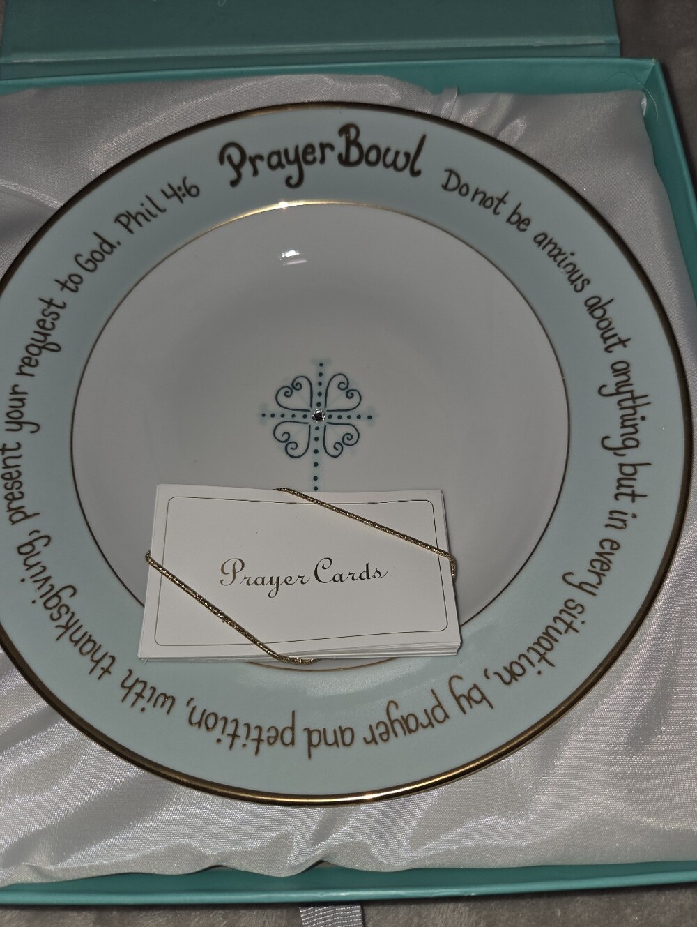 Prayer Bowls 8 1/2” Ceramic Gold Embossed Bowl in Box w/Cards